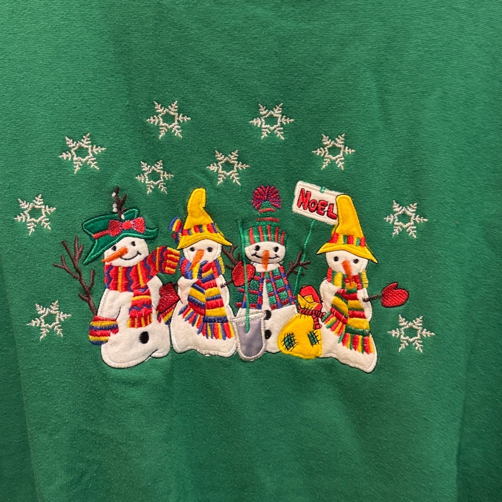 Vintage Green Snowman and Snowflakes Holiday Sweater - Picture 4 of 6